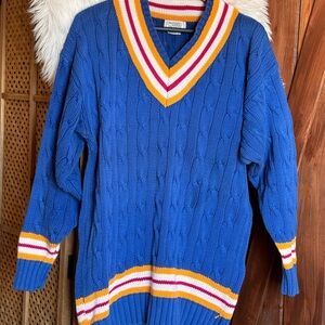 Vintage Royal Blue V-Neck Cricket Sweater with Red and Gold Stripes